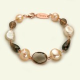 Cumpara ieftin Brățară Argint 925 placat aur roz, cuarț fumuriu, perle de cultura Waves. Ajustabilă 18-24cm. Bijuterie handmade Made in Italy