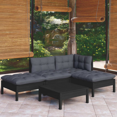 vidaXL Set mobilier grădină cu perne, 5 piese, negru, lemn de pin foto