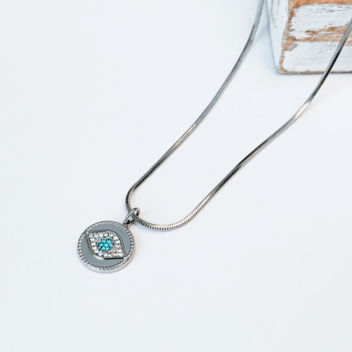 Colier Evil Eye din otel inoxidabil cu strasuri albe si bleu - Protectie energii negative