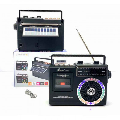 Radio portabil cu acumulator si panou solar, Bluetooth, baterii, lumini disco, foto