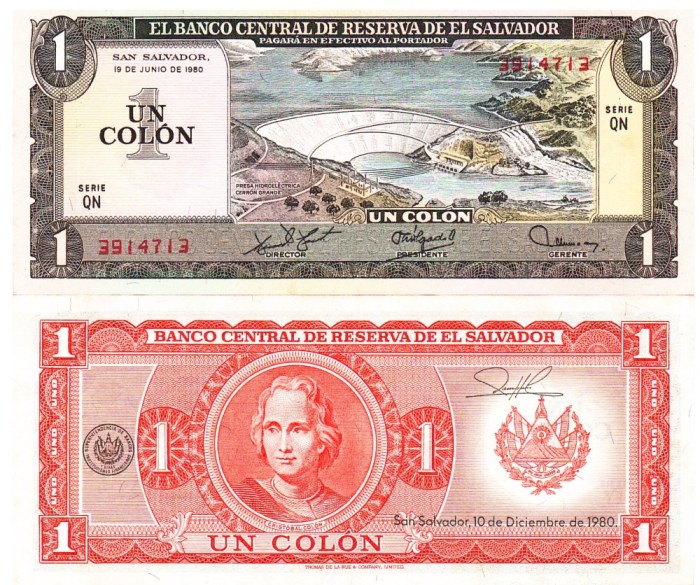 El Salvador 1 Colon 19.06.1980 P-125b UNC (10.12.1980)