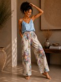 Pantaloni dama bej cu imprimeu floral