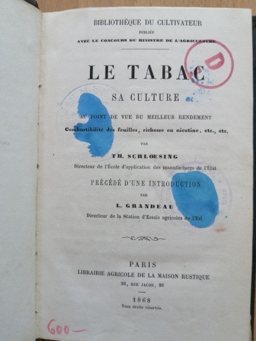 Trait&eacute; &eacute;l&eacute;mentaire de la culture du tabac en France - J. M. SARRAZIN, Paris 1811