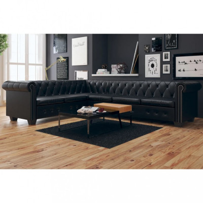 Canapea coltar Chesterfield 6 locuri, piele artificiala, neagra GartenMobel Dekor foto