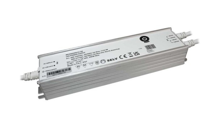 Sursă de alimentare POS MCHQ320V24-GE, driver LED 24V/13.3A 320W CV, carcasă metalică, PFC, intrare CA UE (180-305VAC), IP67, nereglabilă