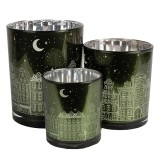 Cumpara ieftin Set 3 suporturi lumanari Craciun sticla verde argintie 7x8 cm, 9x10 cm, 10x12 cm