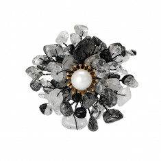 Brosa Tamia, neagra, cu forma florala, decorata cu cristale naturale si perla