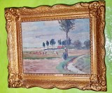 G59-I-Tablou Ciobanita cu vacile la pascut-pictura peisaj gen Grigorescu., Scene gen, Ulei, Realism