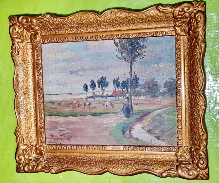 G59-I-Tablou Ciobanita cu vacile la pascut-pictura peisaj gen Grigorescu.