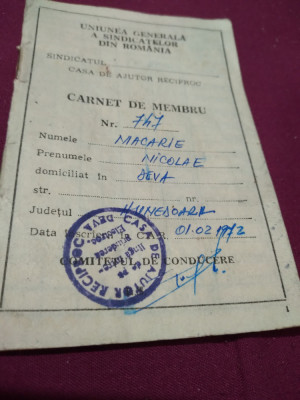 CARNET DE MEMBRU DE SINDICAT 1972 foto