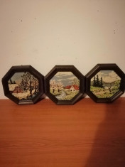 3x Goblen rama lemn fara sticla datat 1985,diam 18 cm-lot 3 bucati -Germania foto