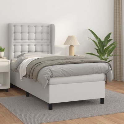 vidaXL Pat box spring cu saltea, alb, 90x190 cm, piele ecologică foto