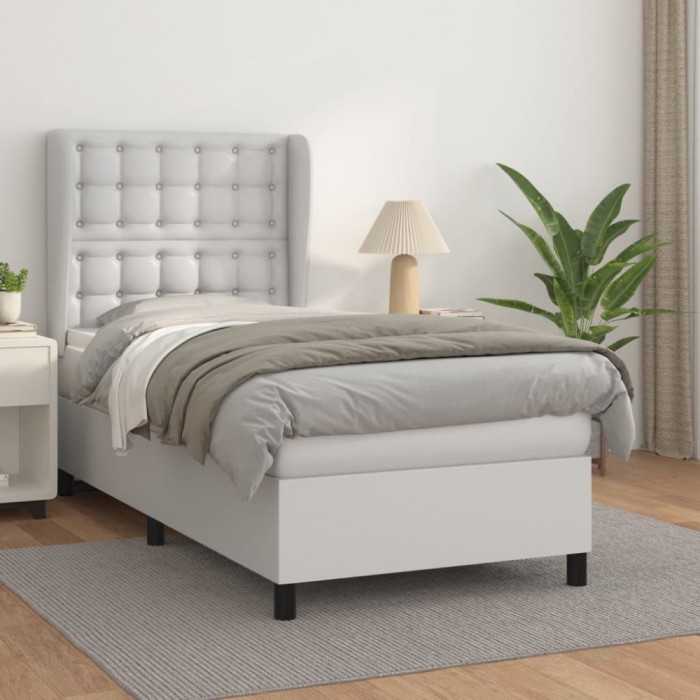 vidaXL Pat box spring cu saltea, alb, 90x190 cm, piele ecologică