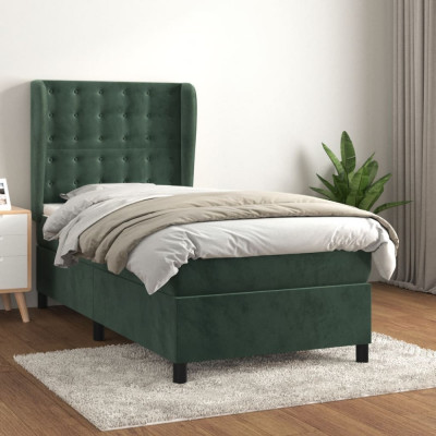 vidaXL Pat box spring cu saltea, verde &amp;icirc;nchis, 100x200 cm, catifea foto