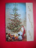 HOPCT 25076 MOS CRACIUN SI COPII SUB BRAD -- FELICITARE CRACIUN / AN NOU -CP VECHE -IP--INTREG POSTAL - ROMANIA - CIRCULATA