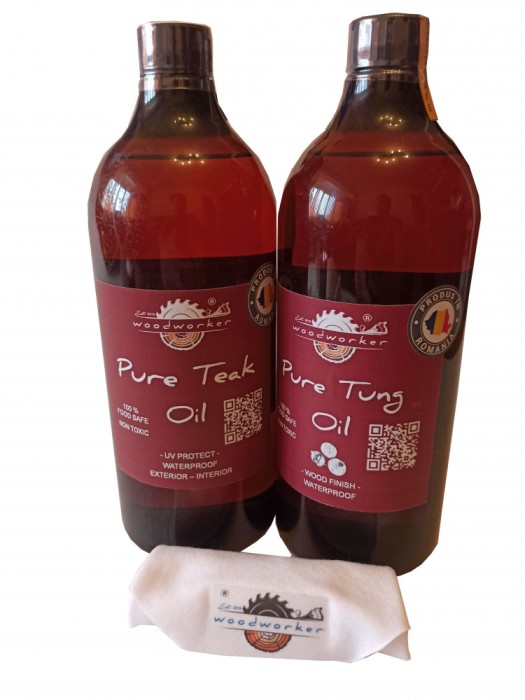 Dual Pack, Pure Tung Oil, Pure Teak Oil, laveta bumbac, 1000 ml/1000 ml,