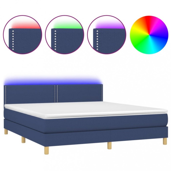 Pat cu arcuri, saltea si LED, albastru, 180x200 cm, textil