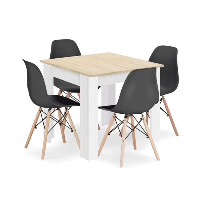 Set masa pentru sufragerie/living + 4 scaune Osaka negru, Artool, lemn, stejar sonoma si alb, 80x80x75 cm
