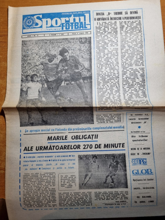 sportul fotbal 9 august 1985-interviu emerich dembrovschi,foto piturca,mateut