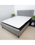 Set pat dublu Erzon, elemente lemn masiv, tapitat cu stofa, somiera inclusa, gri si saltea ortopedica Optima Silver Care, plasa de arcuri, reversibila