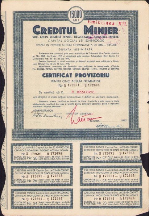 A529 Acțiune Creditul Minier pe numele academicianului Nicolae Dașcovici