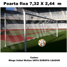 Poarta de fotbal profesionala aluminiu, fixa 7,32 x 2,44 m dimensiune oficiala, foto