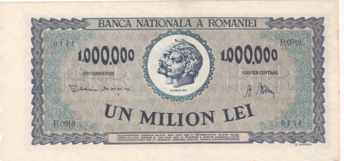 Bancnote Rom&acirc;nia - 1000000 lei 1947 - seria P.0918 0141 (starea care se vede)