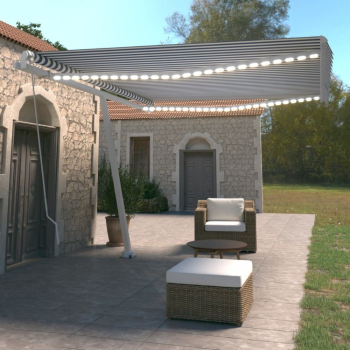 Copertină retractabilă manual cu LED, albastru&amp;alb, 450x350 cm