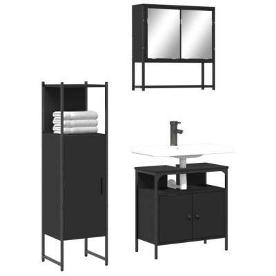 Set mobilier de baie, 3 piese, negru, lemn compozit foto