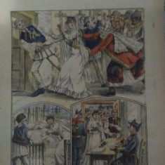 Ziarul Veselia : FUGA UNEI MIRESE DIN BUSTENARI - gravură, 1910