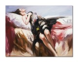 Cumpara ieftin Tablou seminud tanara intinsa pe divan pictat manual, Feminitate, 90x70cm ulei pe panza, Mircea Iordache
