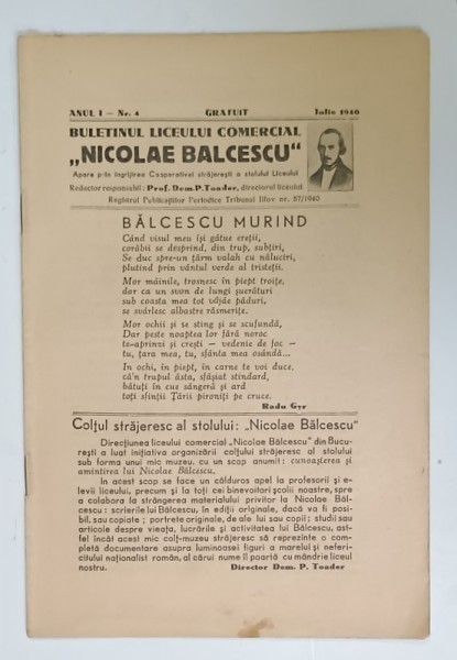 BULETINUL LICEULUI COMERCIAL &#039; NICOLAE BALCESCU &#039; , BUCURESTI , NR.4 , 1940
