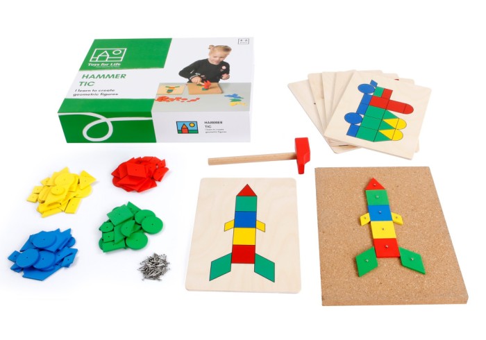 Joc Educativ de Constructii cu ciocan si cuie Forme Geometrice 108 piese din lemn