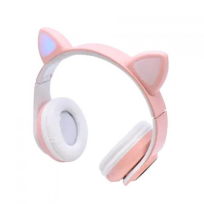 Casti Bluetooth pentru copii,fetite,incarcare usb,lumini LED,model tip pisica - Roz foto