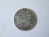 Rara! Chile 20 Centavos 1865 argint in stare foarte buna cu patina frumoasa,diametrul=23 mm,greutate=4.50 grame, America Centrala si de Sud
