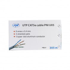 Cablu UTP CAT5e PNI U05 cu 4 perechi de fire torsadate 0.40 mm CCA, pentru internet 1 Gigabit si sisteme de supraveghere, rola 305m foto