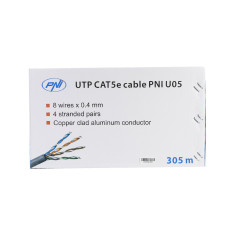 Cablu UTP CAT5e PNI U05 cu 4 perechi de fire torsadate 0.40 mm CCA, pentru internet 1 Gigabit si sisteme de supraveghere, rola 305m