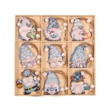 Set 18 decoratiuni de craciun din lemn, flippy, cu snur pentru agatare in brad, model gnomi, diferite dimensiuni, albastru
