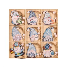 Set 18 decoratiuni de craciun din lemn, flippy, cu snur pentru agatare in brad, model gnomi, diferite dimensiuni, albastru
