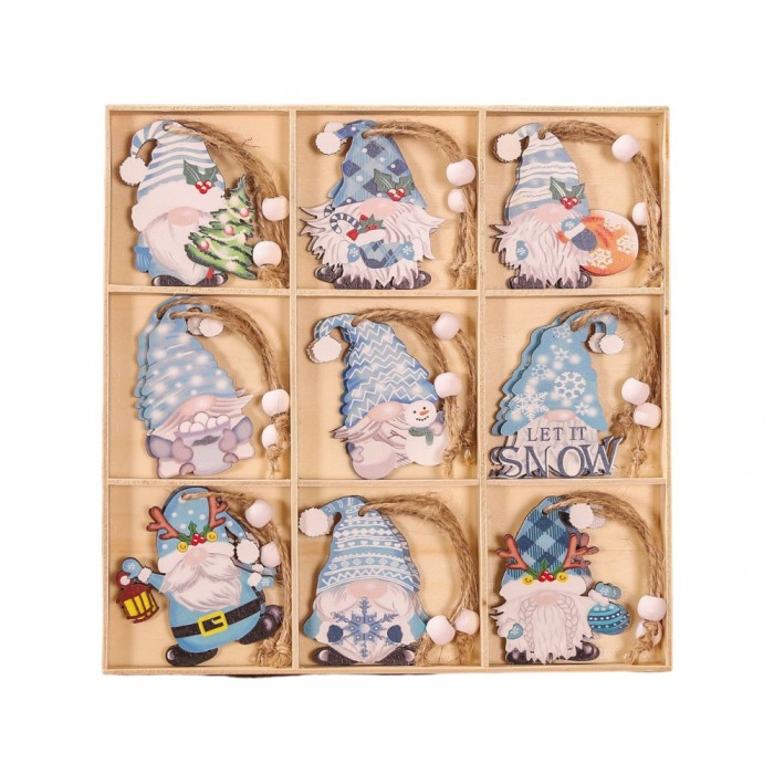 Set 18 decoratiuni de craciun din lemn, flippy, cu snur pentru agatare in brad, model gnomi, diferite dimensiuni, albastru