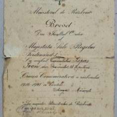 Brevet Crucea Comemorativa a Razboiului 1916-1918, Ferdinand I, 1919