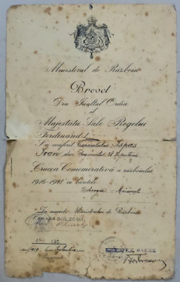 Brevet Crucea Comemorativa a Razboiului 1916-1918, Ferdinand I, 1919 foto