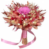 Buchet roz intens personalizabil cu trandafiri criogenati si flori naturale uscate, Eventissimi&reg;