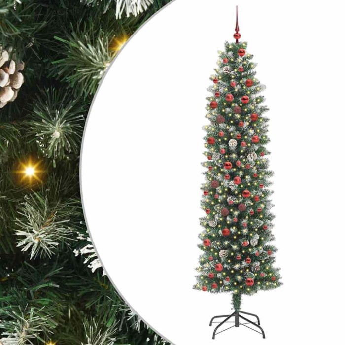 Copac Artificial Slăb de Crăciun cu 300 LED Verde și alb 210 cm