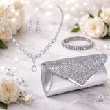 Set Bijuterii Elegante Strasuri Argintii Poseta Colier Cercei Bratara Ocazie Speciala
