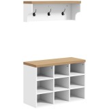 HOMCOM Set mobilier pentru hol 2-&icirc;n-1 cuier de perete băncuță pentru &icirc;ncălțăminte 3 c&acirc;rlige și 9 nișe 75x30x50cm alb și stejar | Aosom Romania