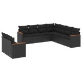 Set mobilier de gradina cu perne, 9 piese, negru, poliratan