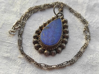 MEDALION argint cu LAPIS LAZULI etnic TRIBAL AFGHAN superb VECHI pe Lant argint foto