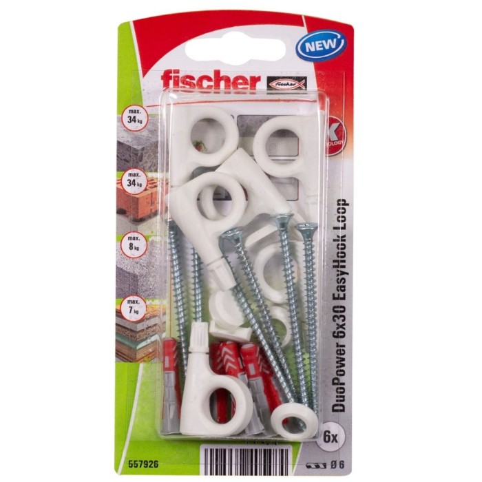 Diblu pentru agatari obiecte, din nylon, 6 x 30 mm, Fischer Duopower EasyHook Loop 6 Washer, cu carlig ochi deschis, 4 x 70 mm,