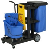 HOMCOM Cărucior de curățenie, cărucior mobil cu 3 rafturi, sac de gunoi 70 L, găleată cu stoarcere pentru mop, Albastru | Aosom Romania